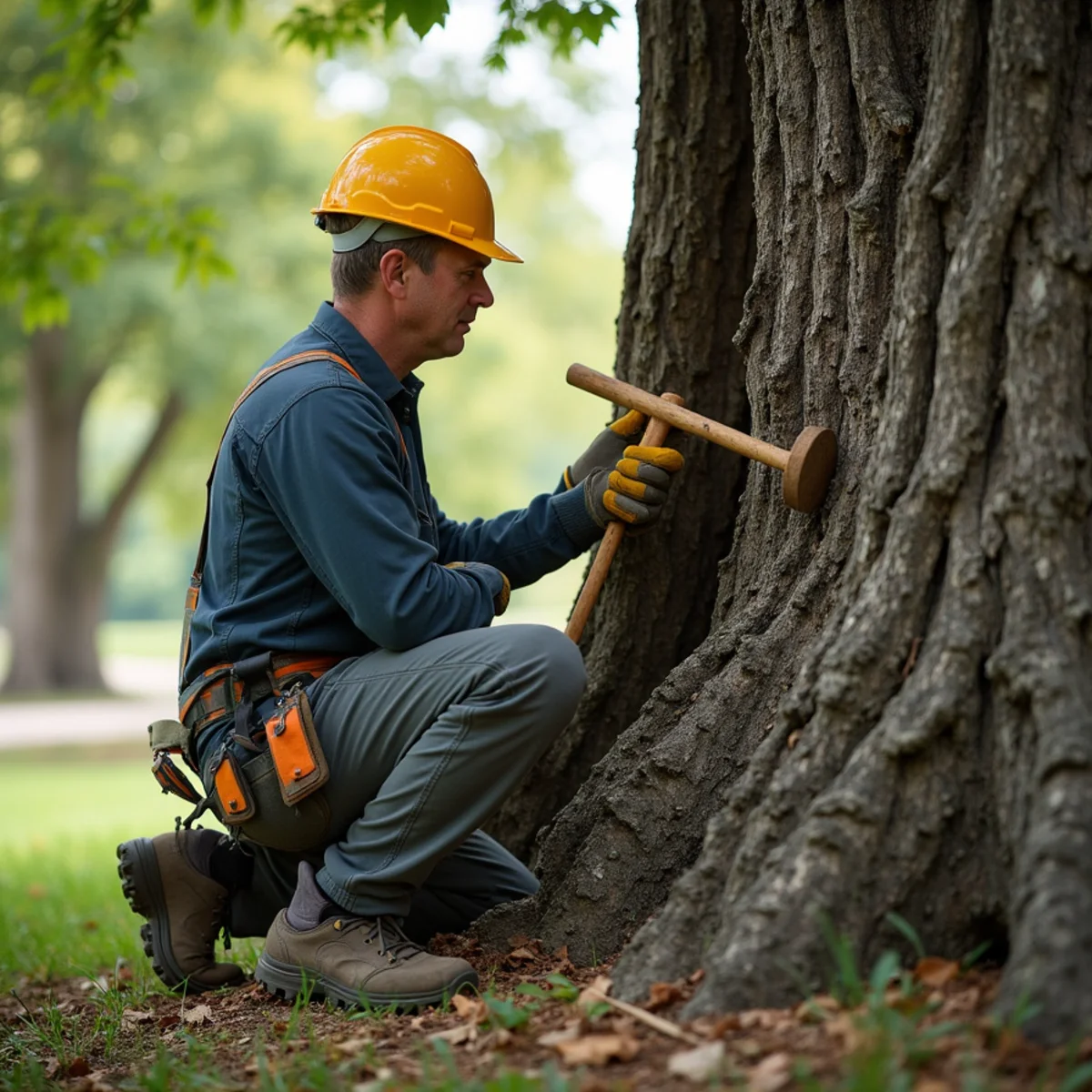 Certified arborist examining trunk health of historic oak in Central Illinois