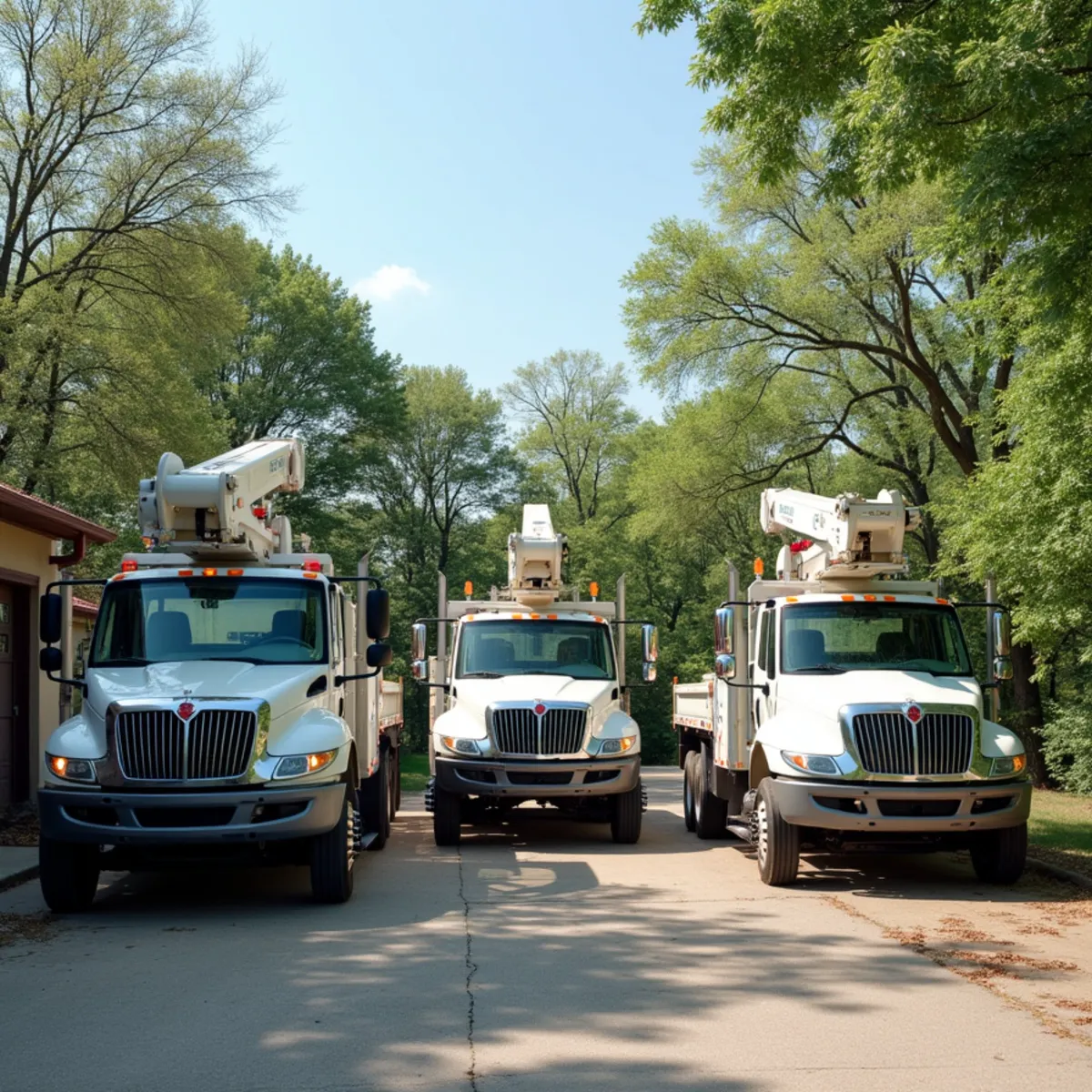 Modern tree service equipment fleet including bucket truck, chipper, and grinder in Springfield IL