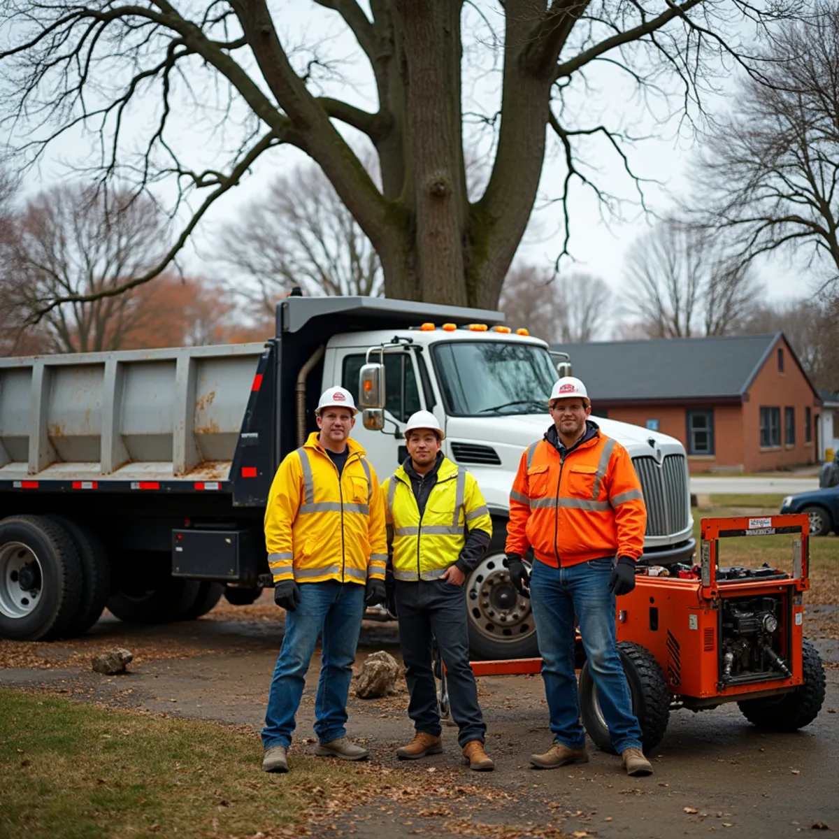 Tree care team standing with equipment fleet in Springfield IL