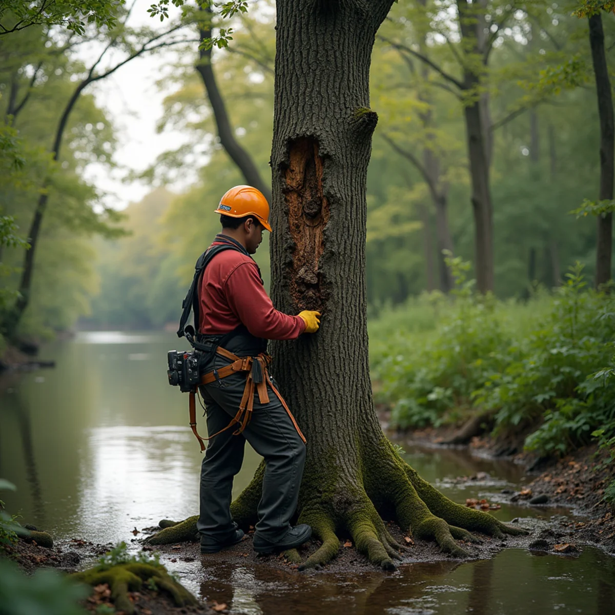 Safety protocols and risk prevention regarding leaning tree after flooding