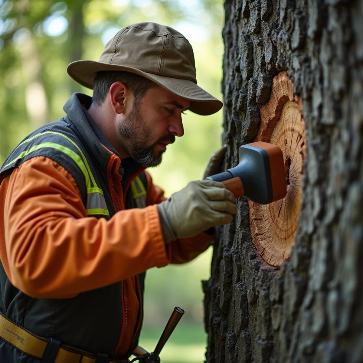 Certified arborist conducting field diagnostics on oak tree in Sangamon County
