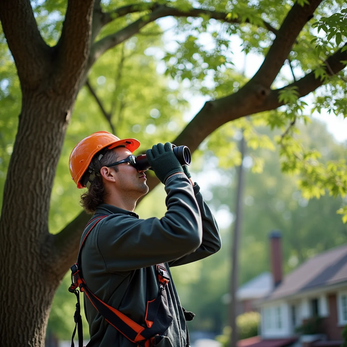 Arborist technician evaluating residential shade canopy in Springfield neighborhood