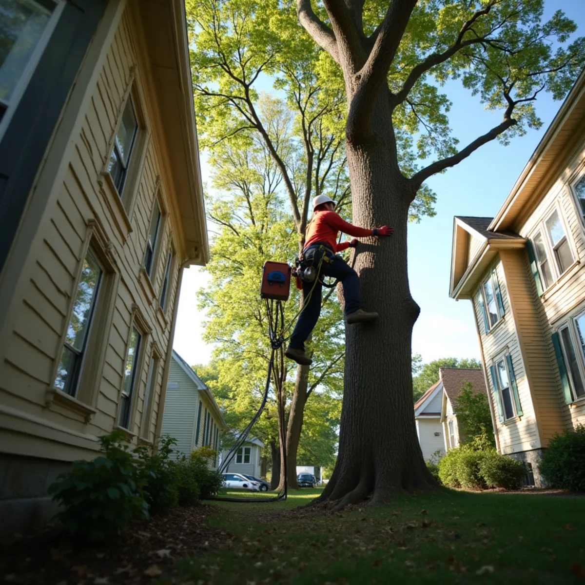 Controlled sectional tree rigging between two residential homes in Leland Grove