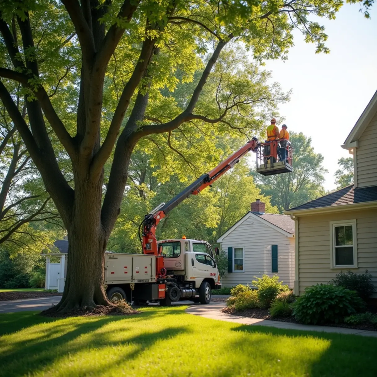 Arborist crew safely dismantling brittle dead ash tree damaged by emerald ash borer