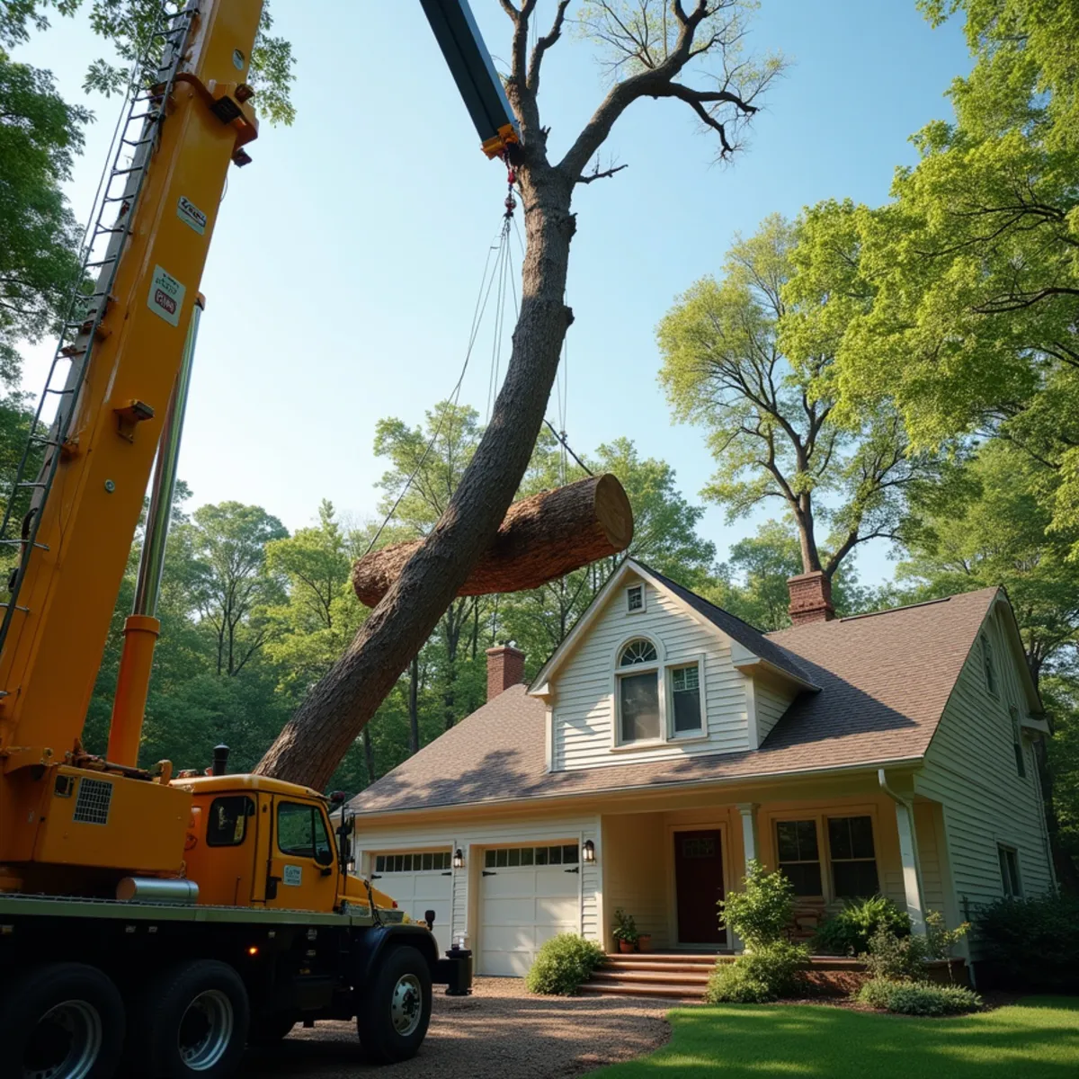 Mobile crane carefully hoisting massive tree trunk segment over residential roofline