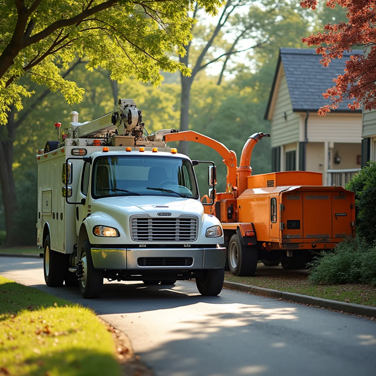 Tree service truck and equipment safely staged for a job in Athens Illinois