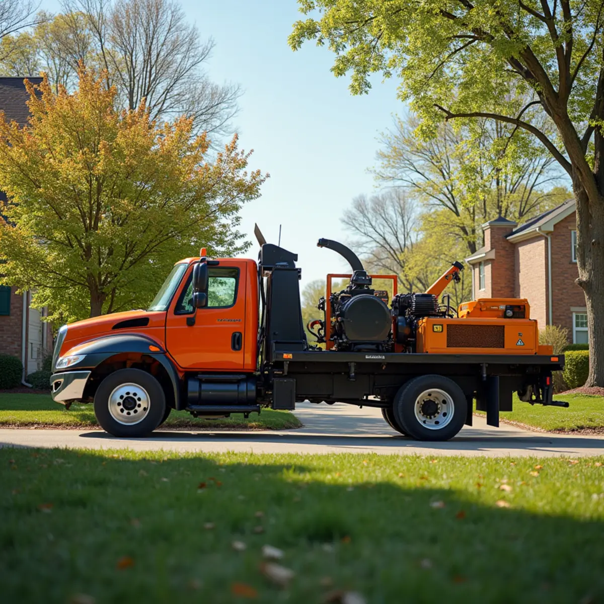Tree service truck and equipment safely staged for a job in Auburn Illinois