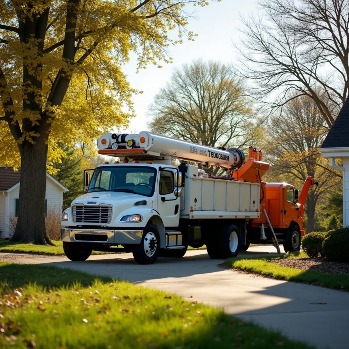 Tree service truck and equipment safely staged for a job in Carlinville Illinois