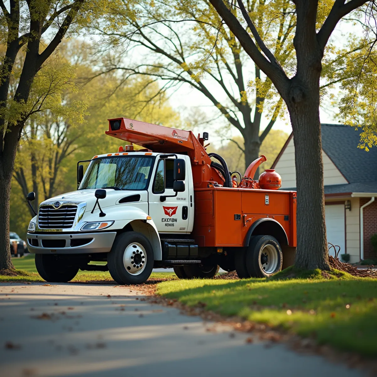Tree service truck and equipment safely staged for a job in Christian County Illinois