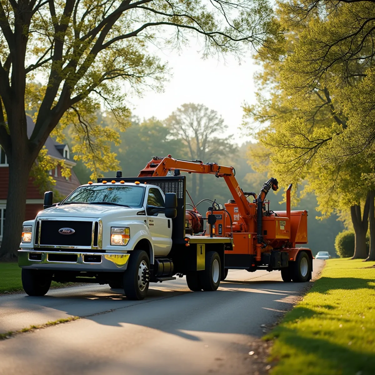 Tree service truck and equipment safely staged for a job in Girard Illinois