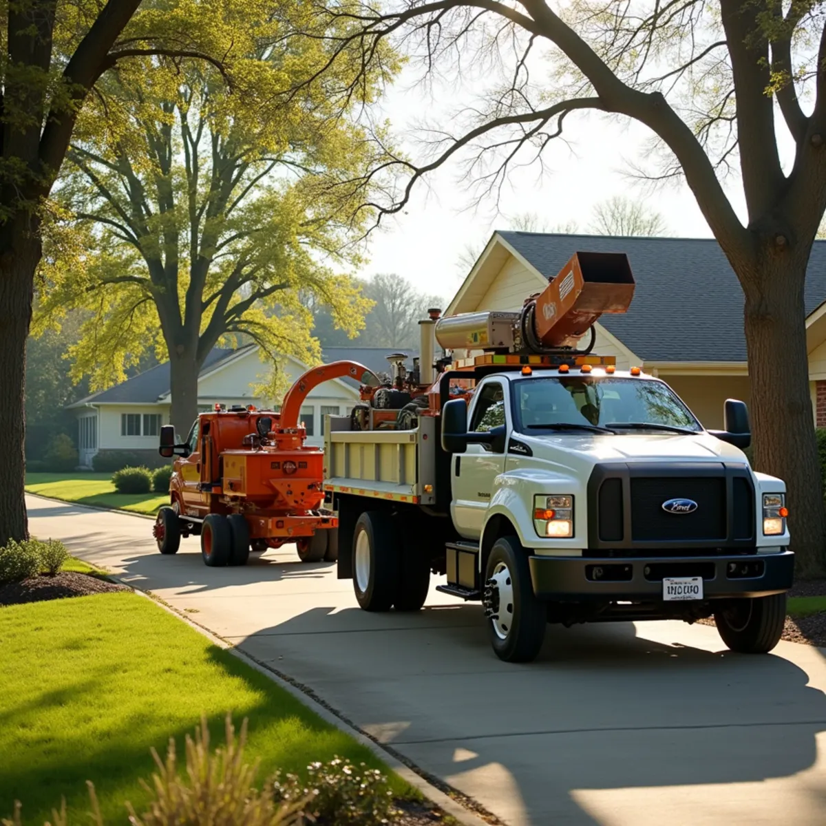 Tree service truck and equipment safely staged for a job in Grandview Illinois