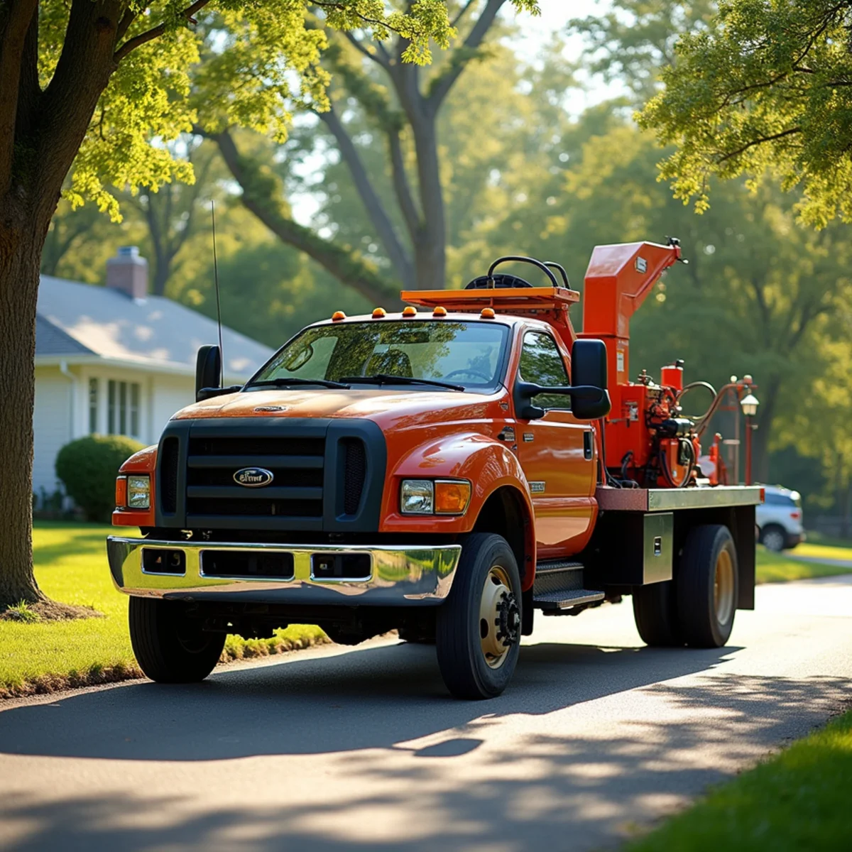 Tree service truck and equipment safely staged for a job in Jacksonville Illinois