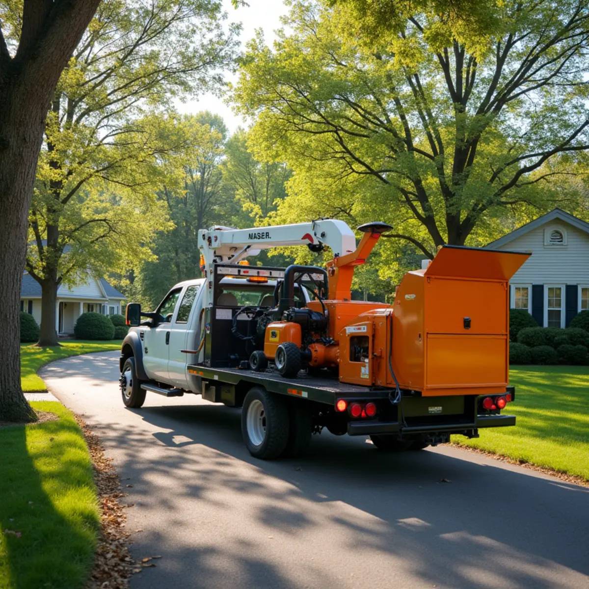 Tree service truck and equipment safely staged for a job in Kincaid Illinois