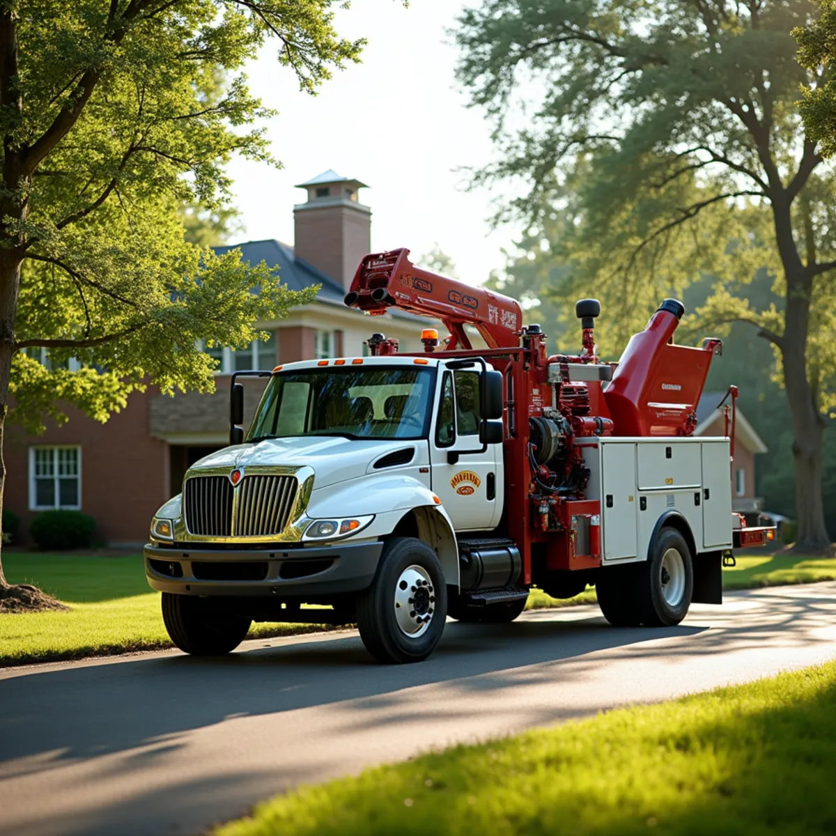 Tree service truck and equipment safely staged for a job in Menard County Illinois