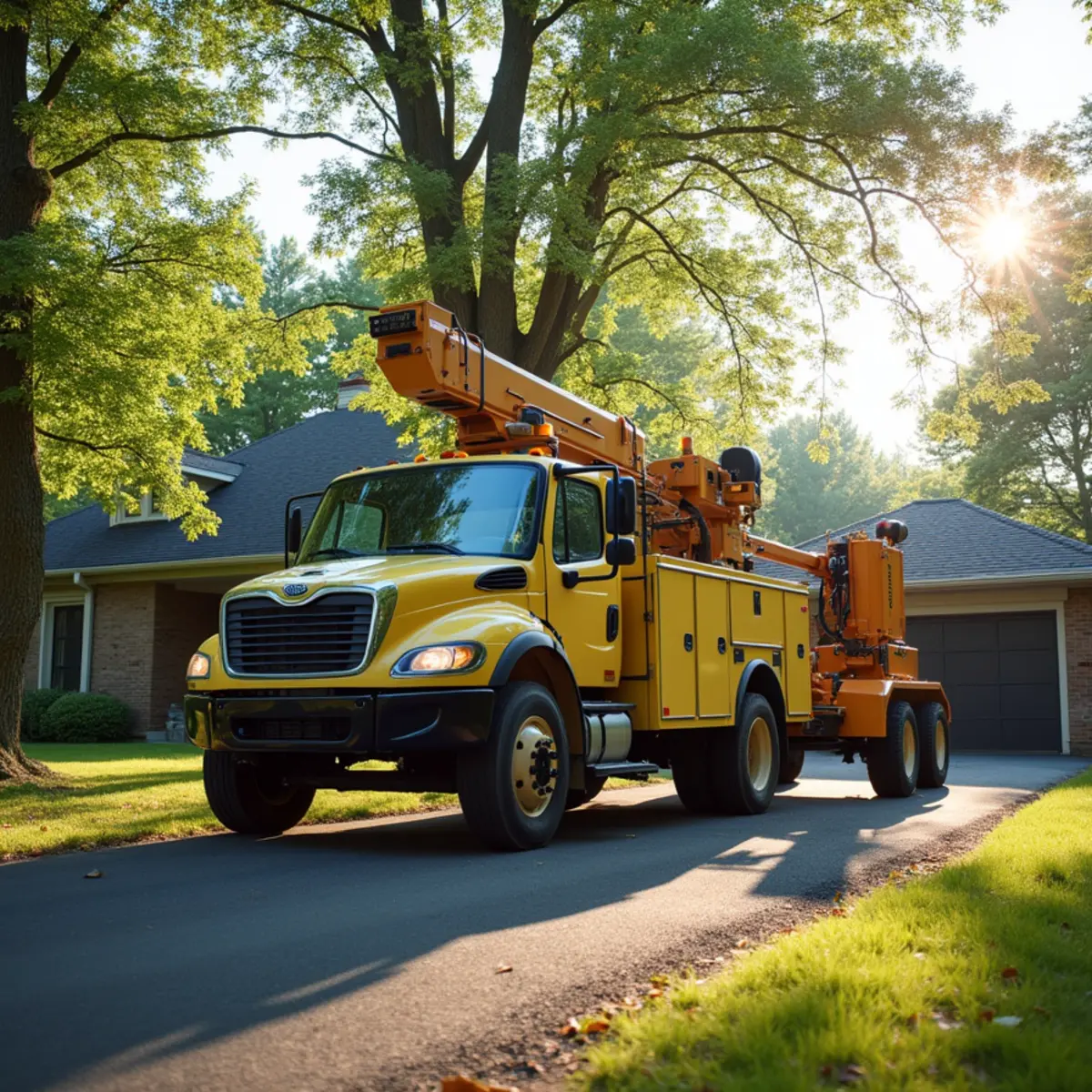 Tree service truck and equipment safely staged for a job in Morgan County Illinois