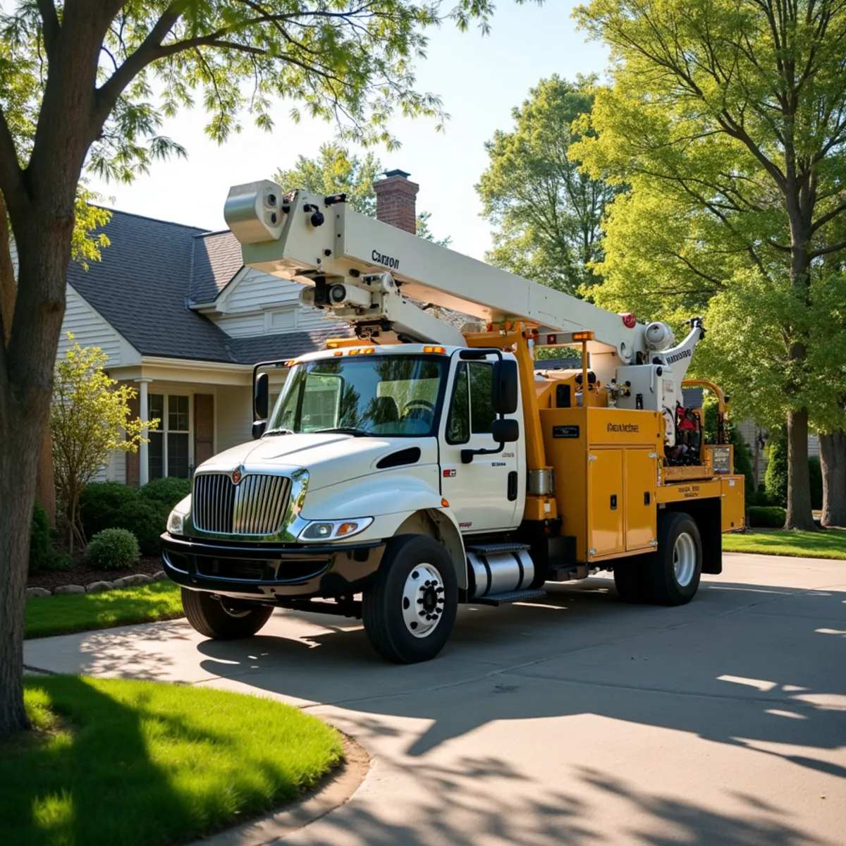 Tree service truck and equipment safely staged for a job in Mount Zion Illinois