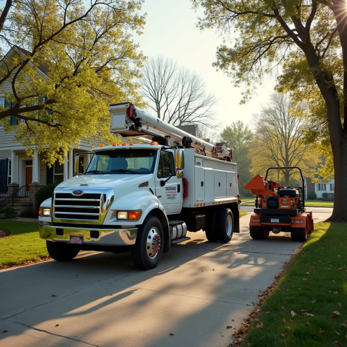 Tree service truck and equipment safely staged for a job in Pana Illinois