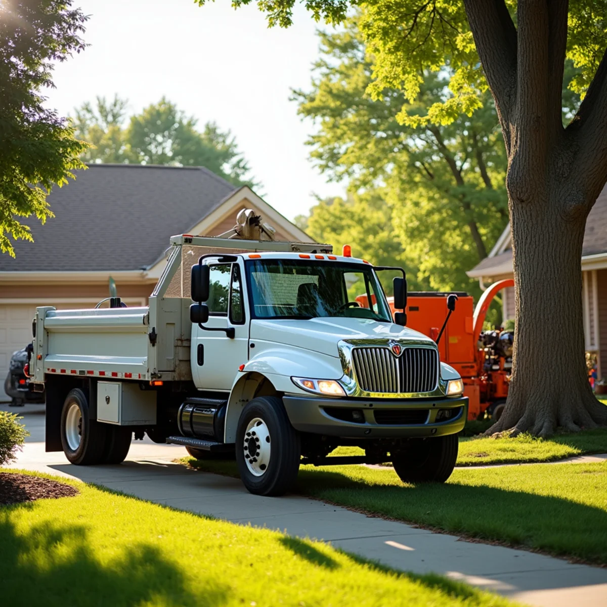 Tree service truck and equipment safely staged for a job in Pawnee Illinois