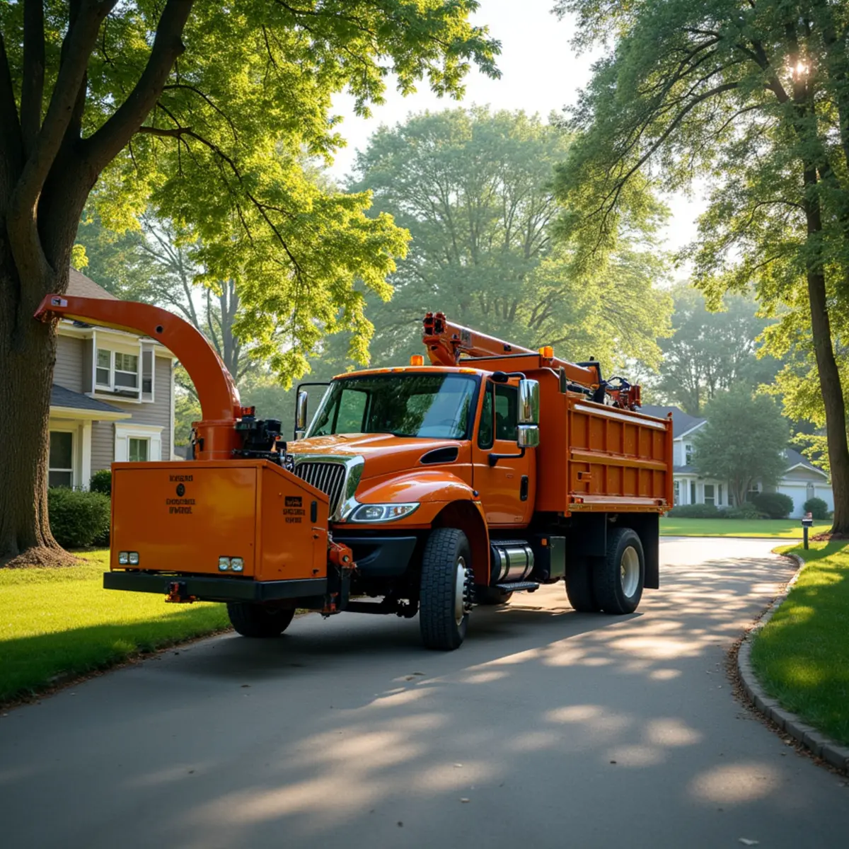 Tree service truck and equipment safely staged for a job in Pleasant Plains Illinois