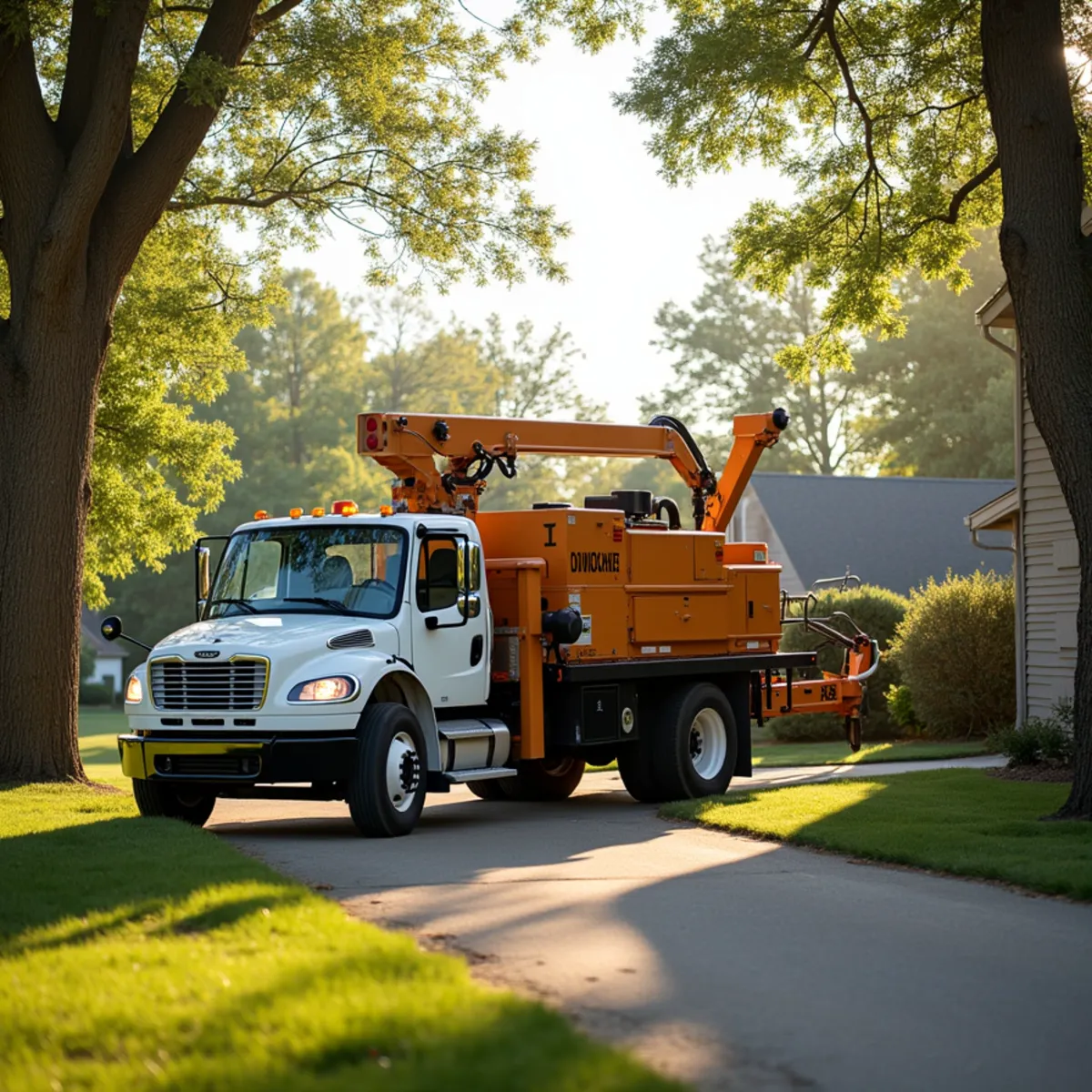 Tree service truck and equipment safely staged for a job in Sherman Illinois