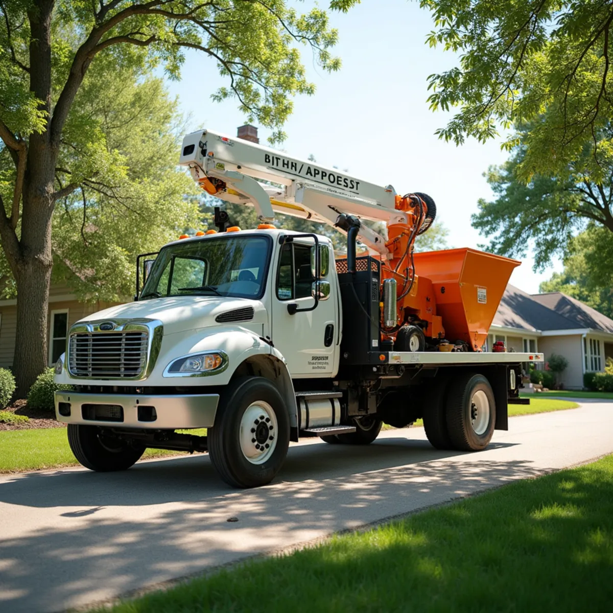 Tree service truck and equipment safely staged for a job in South Jacksonville Illinois