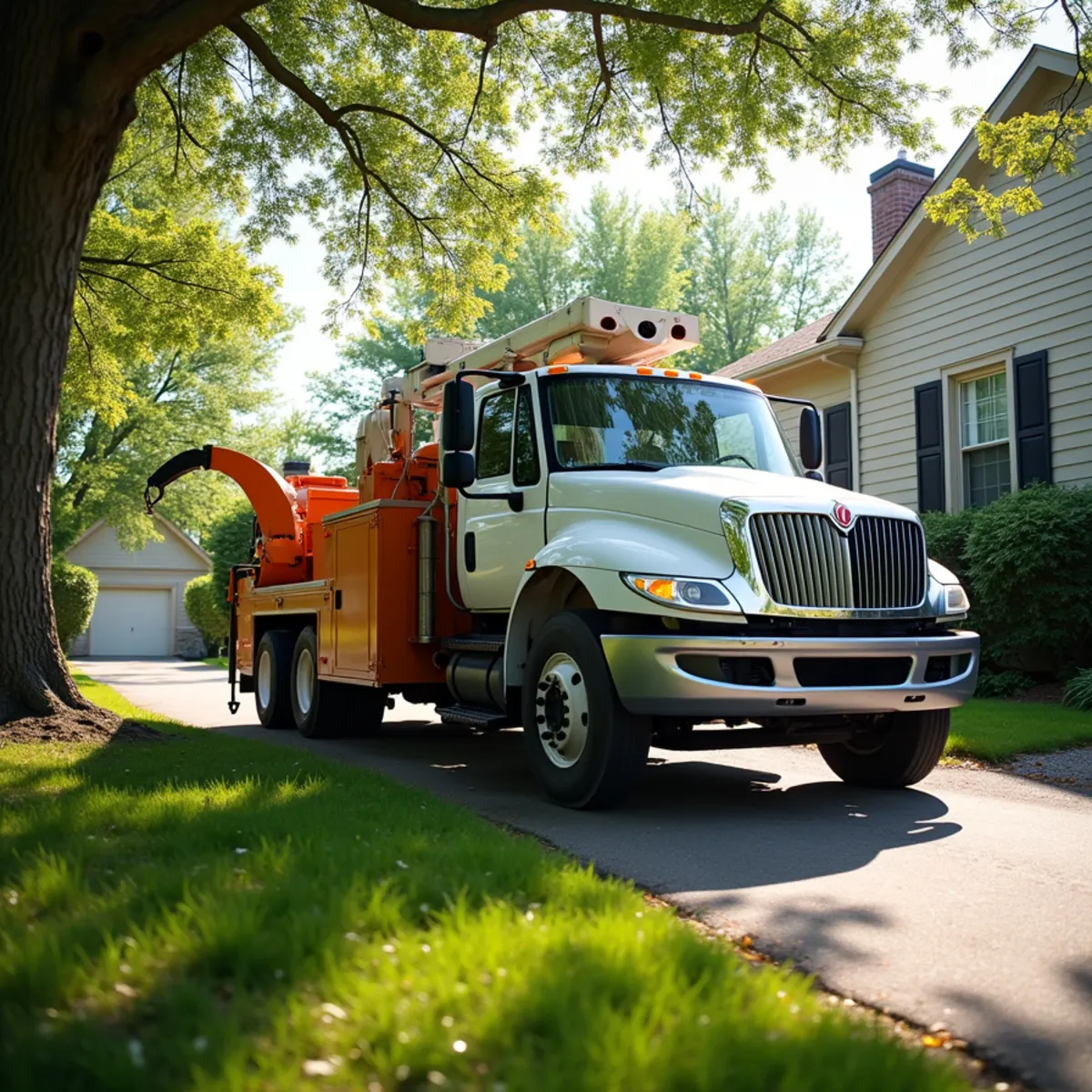 Tree service truck and equipment safely staged for a job in Southern View Illinois