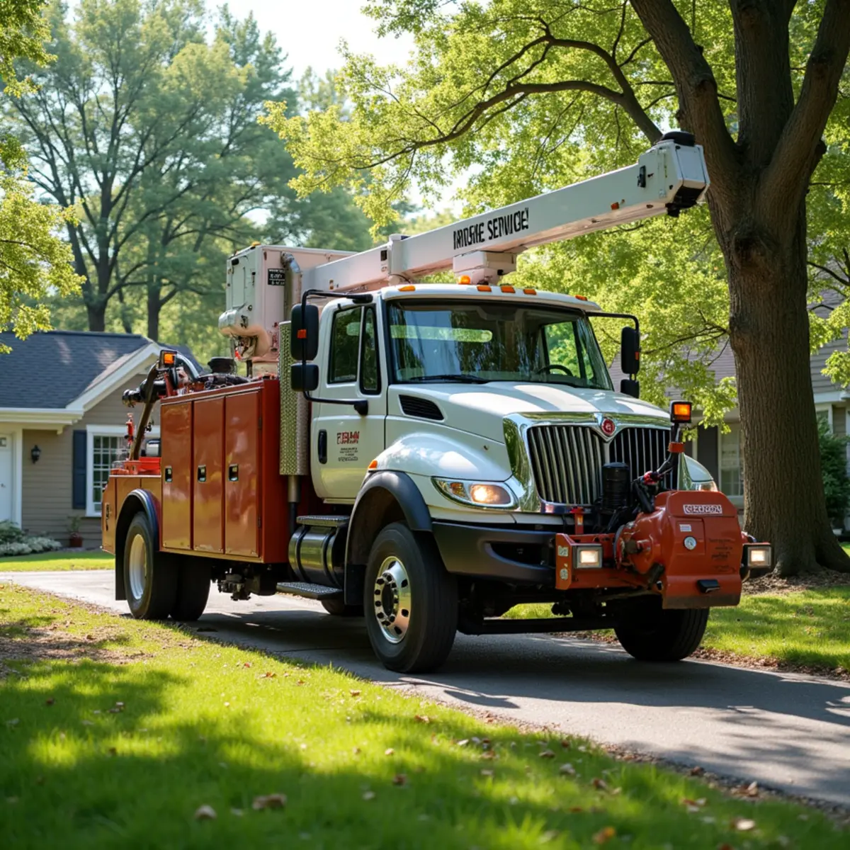 Tree service truck and equipment safely staged for a job in Taylorville Illinois