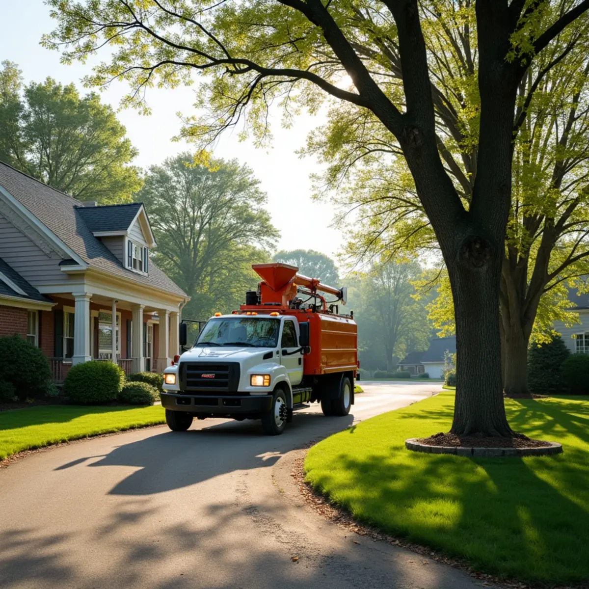 Tree service truck and equipment safely staged for a job in Williamsville Illinois