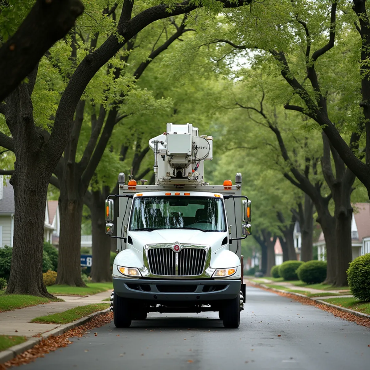 Tree service truck staged along residential street in Springfield metro enclave
