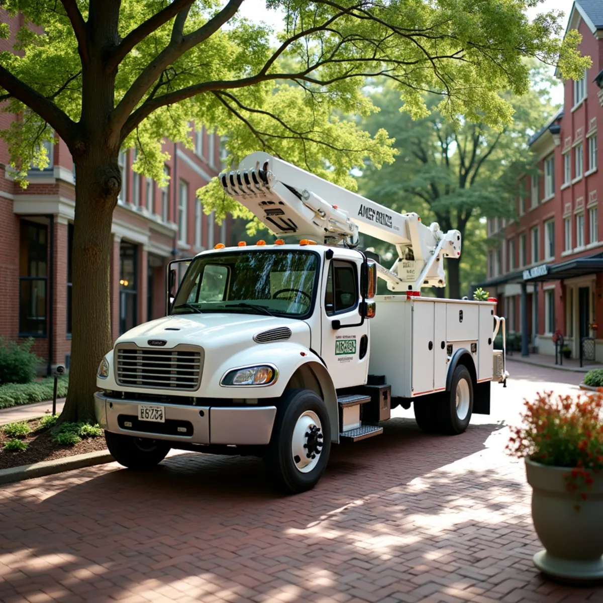 Commercial tree care truck parked near historic courthouse square in Central Illinois