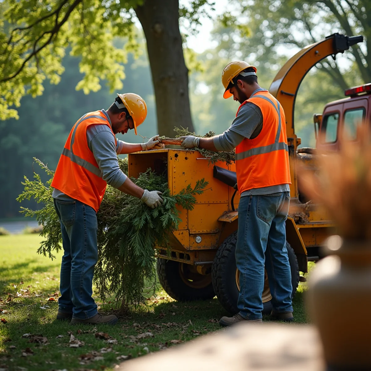 Arborist crew feeding storm broken branches into commercial wood chipper in Illinois